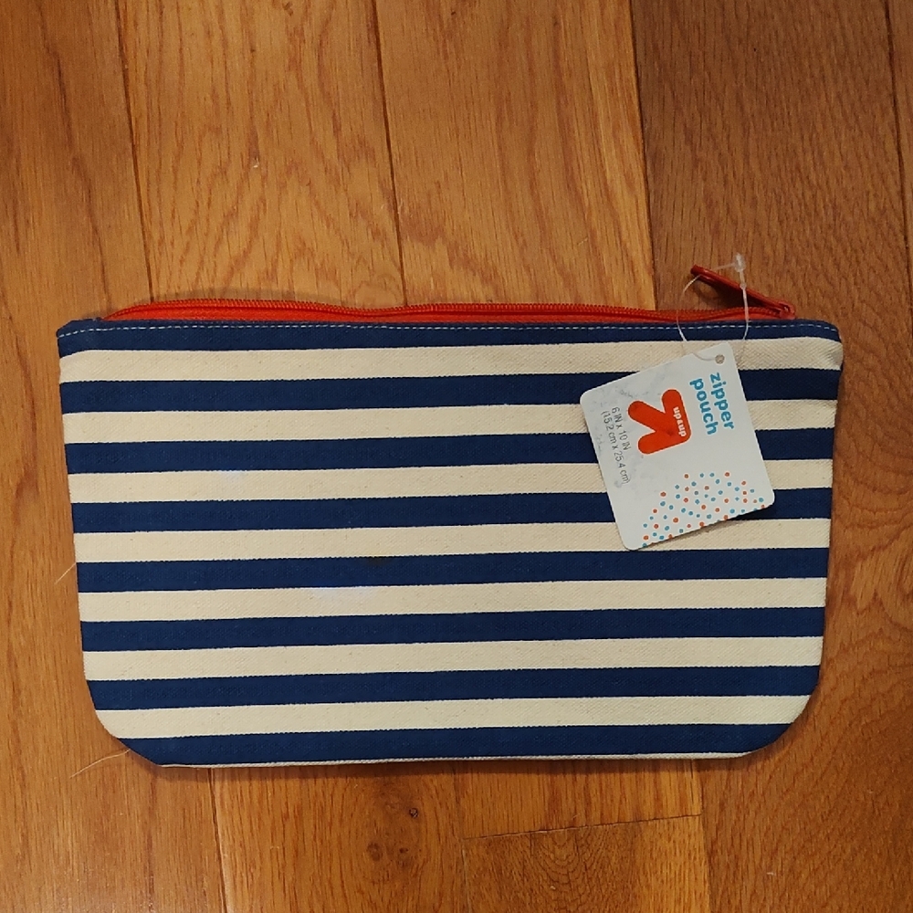 Blue and White Striped Zipper Pouch